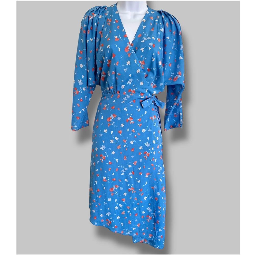 Joie Blue Floral Wrap Dress Size XS Long Sleeve V-Neck Midi Dress Asymmetric Hem